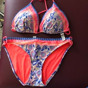 Bright pink and blue designed bathing suit set